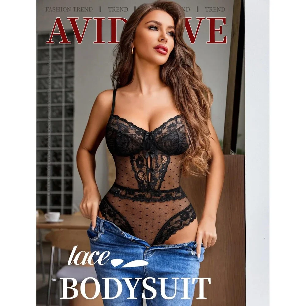 Avidlove Women's Black Sexy Lingerie Bodysuit Lace Teddy One Piece Mini XL